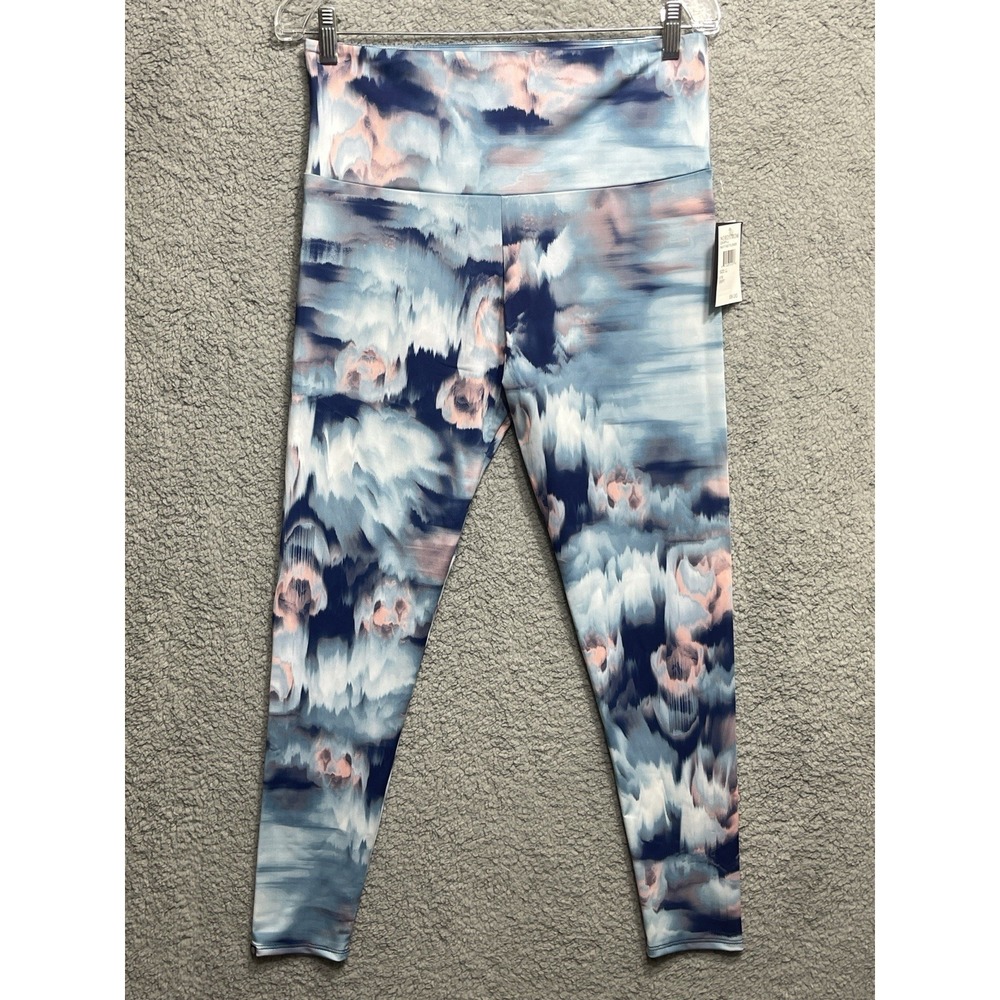 Onzie Flow Leggings L Navy Pink Blue Floral Print High Rise NWT